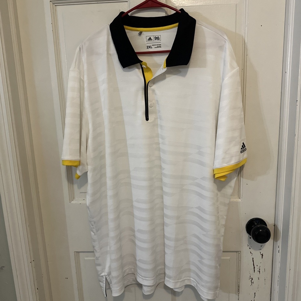 ADIDAS GOLF Men's Monochromatic Striped White Polo Yellow & Black Trim Size 2XL